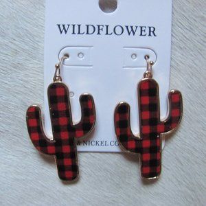 SILVERTONE TRIMMED RED BUFFALO PLAID CACTUS EARRIN